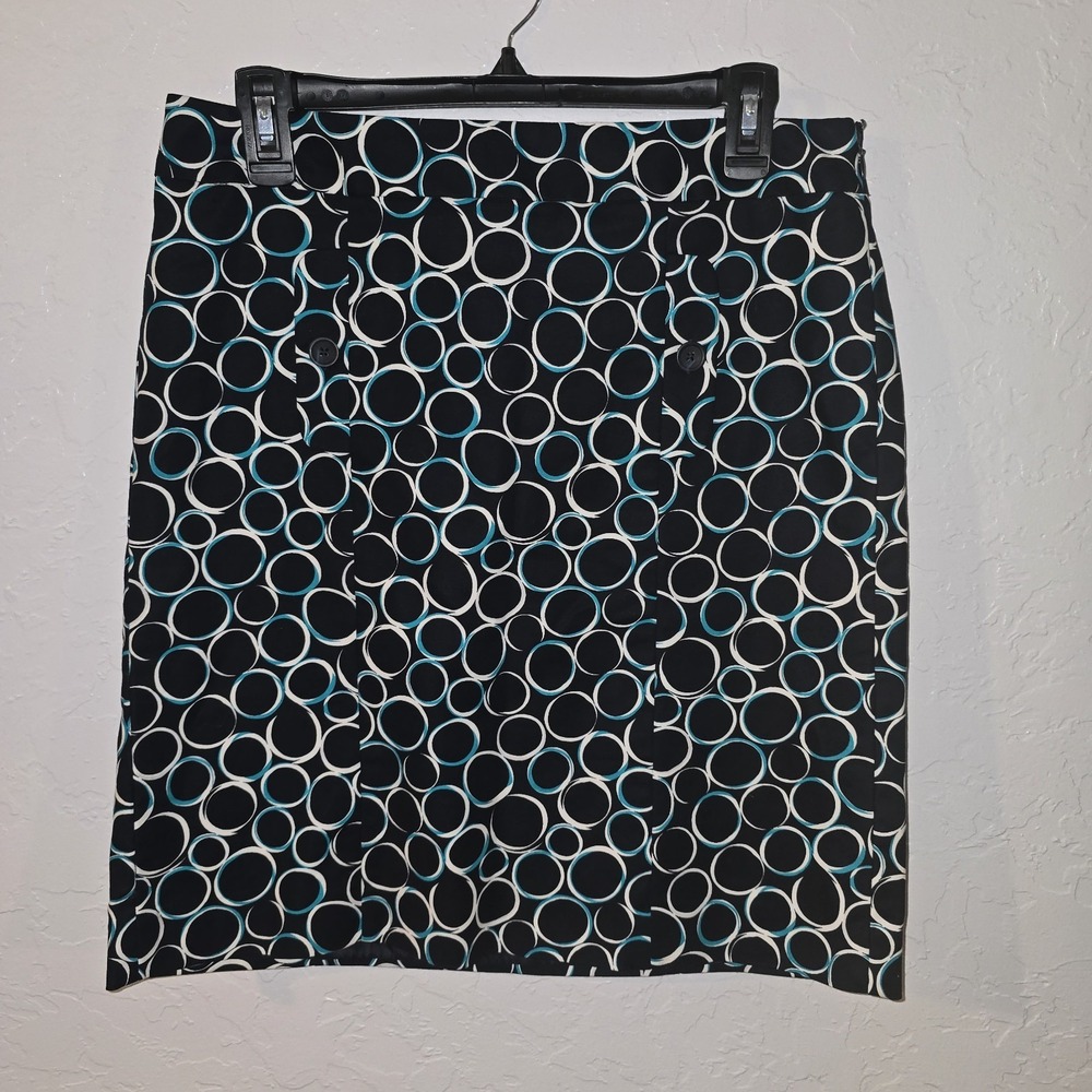 Ann Taylor Petites Women's Pencil Skirt 8P Circle Print Black Teal white buttons